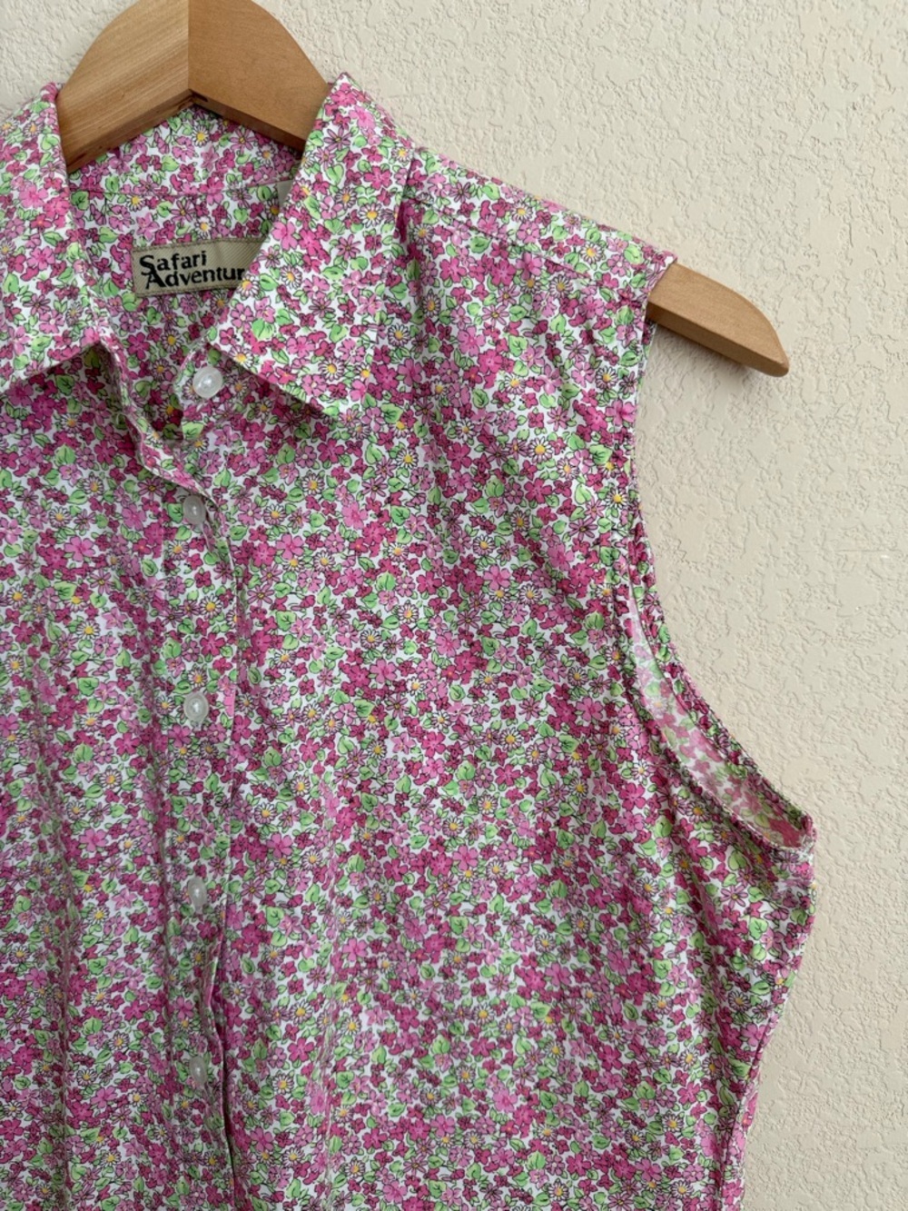 Safari Adventures Vintage Floral Sleeveless Button Down Shirt Large Cotton Pink - Picture 5 of 8